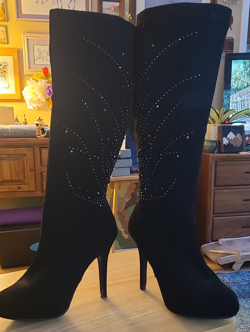 Madeline Black Suede Tall Stiletto Boots with Crystal Detail